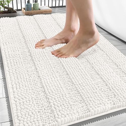 OLANLY Thick Bathroom Rugs 34x21, Soft Chenille Striped Bath Rugs, Ivory | Rubber Backing, Machine Wash, Extra Absorbent Bath Mats for Bathroom Floor, Tub and Shower, Home Decor Accessories - color: Ivory, size: 34" X 21"