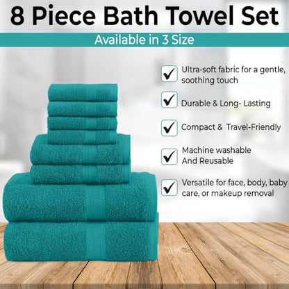 QUBA LINEN Pack of 8 Towels Set, 2 Large Bath Towels, 2 Hand Towels, 4 Wash Cloths, 100% Cotton, Lighter Weight, Quicker to Dry, Super Absorbent, Perfect for Bathroom (Teal) - color: Teal