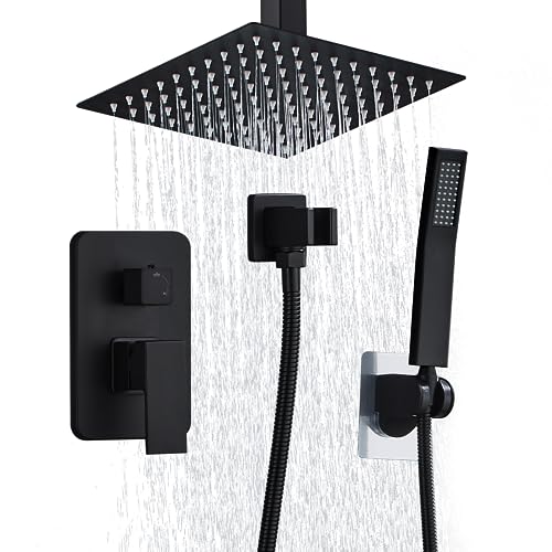 8 Inch Shower Faucet Set Ceiling Mount, High Pressure Rainfall Shower System, Square Rain Shower Head with Handheld Spray Combo, Ceiling Luxury Rainfall Shower Fixtures Matte Black (L-Style) - color: Matte Black, style: 8 Inch-L Style