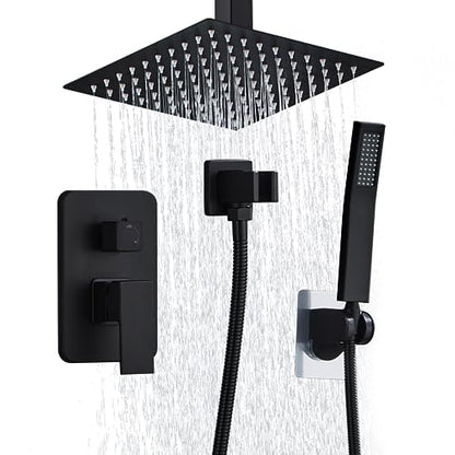 8 Inch Shower Faucet Set Ceiling Mount, High Pressure Rainfall Shower System, Square Rain Shower Head with Handheld Spray Combo, Ceiling Luxury Rainfall Shower Fixtures Matte Black (L-Style) - color: Matte Black, style: 8 Inch-L Style