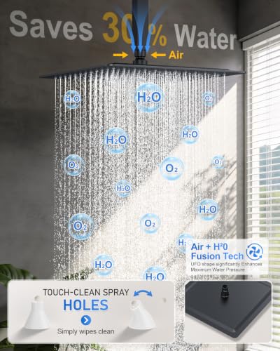 Woindo 4 Function Shower Faucet Set 12" Rain Shower Head/6'' Side Shower Head and 3 Setting Handheld Ceiling Mount Push Button Diverter Complete Rainfall Round Shower System Included Valve Trim Kit - color: Matte Black, style: 4-Function-Ceiling