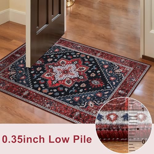 Ciicool Boho Washable 2x6 Runner Rugs,Hallway Kitchen Bedroom Beside Laundry Room Bathroom Rug, Pet & Kids Friendly, Non Slip Low Pile Stain Resistant Soft Foldable Floor Carpet - color: Dark Blue/Red, size: 2' X 6' (Runner)