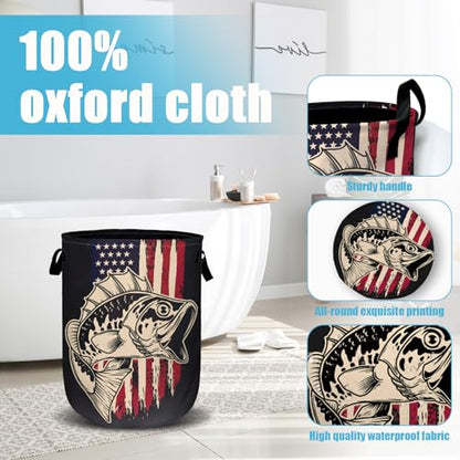 American Flag Bass Fish Laundry Basket, Laundry Hamper Collapsible Oxford Cloth with Handle Clothes Storage Bin for Bathroom Laundry Room Bedroom 15.7 X 20 Inch - color: American Flag Bass Fish