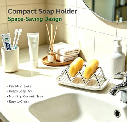 Heavy Weight 3.28oz Soap Dish with Removable Ceramic Drain Tray, 304 Stainless Steel Rustproof Self Draining Holder, Ideal for Regular Bar Soap, Bathroom Kitchen Sink, Creamy White Style No.2 - color: Creamy White 2
