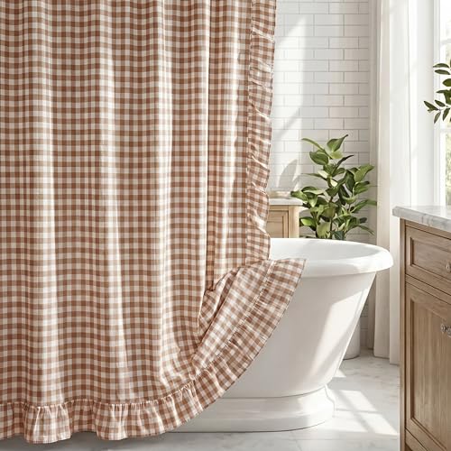 HunnmingRe Ruffled Gingham Shower Curtain Taupe | 72'' x 72'' Vintage Farmhouse Cotton Cottage Core Rural Checkered Plaid Fall Shower Curtain with 12 Hooks for Bathroom Decor - color: Taupe, style: Ruffled Gingham