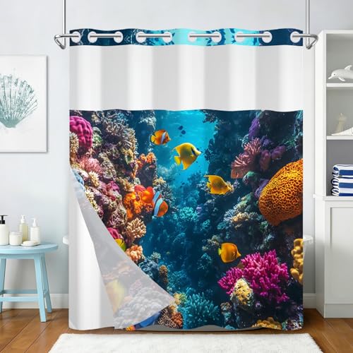 Ocean No Hook Shower Curtain with Snap in Liner, Underwater Coral Design Shower Curtain with See Through Window and Weighted Hem, Heavy Waterproof Fabric Shower Curtains for Bathroom, 71x74 Inches - color: Coral