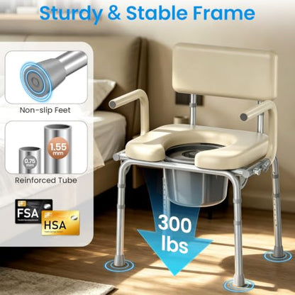 HOMLAND Drop Arm Bedside Commode Toilet with Padded Seat & Backrest, 300LB | Adjustable Height, Easy Side Transfer, Portable Toilet for Seniors and Adults, 6.3QT Bucket, Tool-free Assembly Potty Chair