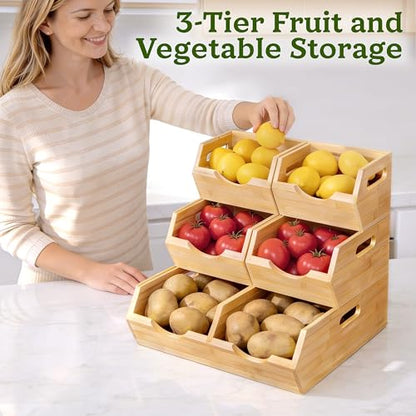 HOMESTEAD 3-Tier Bamboo Pantry Storage Bins – Stackable Potato & Onion Storage Bin with Handles, Fruit Basket & Produce Organizer for Kitchen Countertop, Pantry Organization, Set of 5 - size: 3-Tier ( 5 pack )