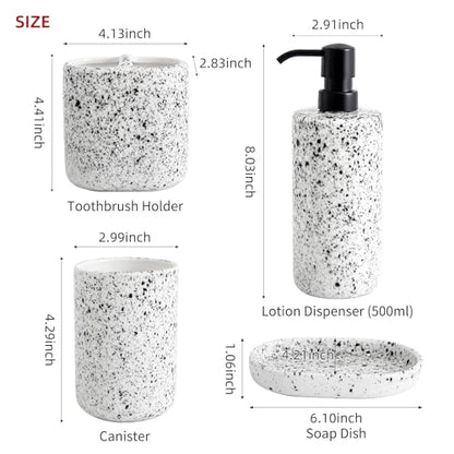 Bathroom Accessories Set 4 Pcs - Featuring Unique Ink-Splattered Design - Ceramic Bathroom Accessory Sets Contain Toothbrush Cup, Soap Dispenser, Soap Dish, Tumbler (White)