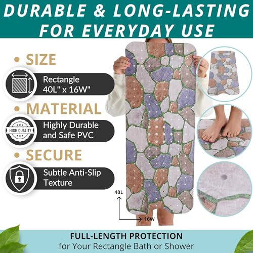 ENKOSI Non-Slip Bath & Shower Mat 40x16 Extra Long, Suction & Drain Holes | Stone Path spa look; Durable PVC; 40x16 in, Stone Path - color: Stone Path
