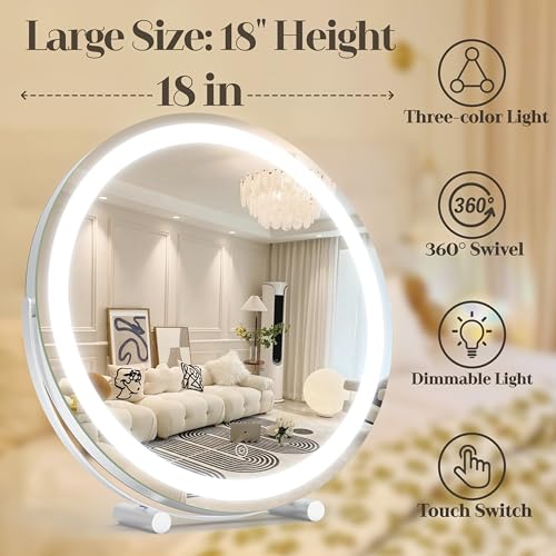 ROLOVE 18 Inch Makeup Mirror with Lights, Large Round Vanity Mirror for Tabletop Desk, Smart Touch Dimmable LED, 360° Rotation, White, Gifts for Women, Wife, Mom, Girls - size: 18"L x 18"W