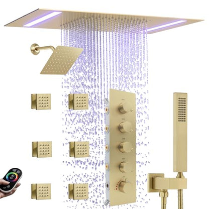 Thermostatic Shower System with 14x20 Inch Ceiling Mount LED Head & 6 Inch Wall Head and Handheld Shower 4 Function Vale with body jets Can All Run Together,Brushed Gold - color: Brushed Gold, style: 14x20 led+6 jets