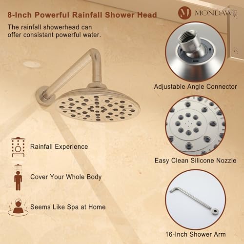 MONDAWE 8 Inch Wall Mounted Shower Faucet Set in Brushed Nickel, Rainfall Shower Head with 3-Setting Handheld Spray Shower Set Combo, High Pressure Shower System with Solid Brass Valve - color: Brushed Nickel, style: 8 IN - Without Tub Spout