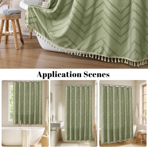 Light Green Fabric Shower Curtain, Boho Shower Curtains for Bathroom Chic Tufted Chevron Striped Textured with Tassel, Soft Hotel Style Farmhouse, Machine Washable, 72x78, Light Green - color: Light Green, size: 72"W x 78"L (Pack of 1)