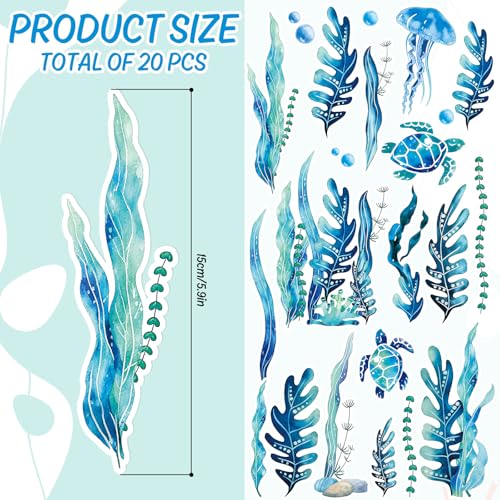 AnyDesign Non-Slip Bathtub Stickers Under The Sea Adhesive 20Pcs Blue Ocean Animal Seaweed Turtle Anti Slip Shower Tread Adhesive Applique Decal with Scraper for Summer Bathroom Floor