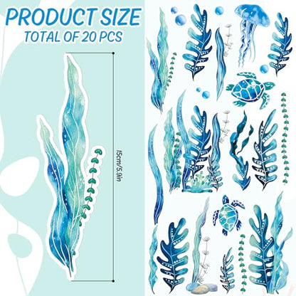 AnyDesign Non-Slip Bathtub Stickers Under The Sea Adhesive 20Pcs Blue Ocean Animal Seaweed Turtle Anti Slip Shower Tread Adhesive Applique Decal with Scraper for Summer Bathroom Floor