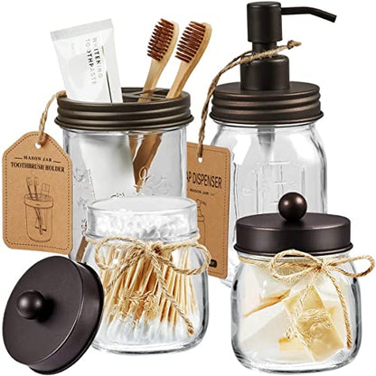 Amolliar Mason Jar Bathroom Accessories Set, 4Pcs Glass Bathroom Set,Bronze | Lotion Soap Dispenser, 2 Cotton Swab Holder, Toothbrush Holder, Farmhouse Rustic Bathroom Decor, Countertop Vanity Organizer - size: Bronze, style: Standard-mouth
