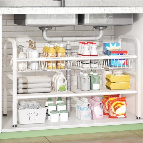 2 Tier Under Sink Organizer Expandable Length/Height Adjustable Heavy | removable panels & baskets, 150% capacity boost, 50lb steel, anti-wobble feet, fits kitchen/bath/laundry, easy set up