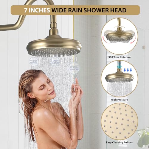 Rainfall Shower System with Handheld Sprayer,Brushed Gold Antique Shower Faucet Sets,Shower Fixture Combo with Brass Pressure Balance Valve,Complete Shower System Kit with Foldable Tub Spout - color: Brushed Gold