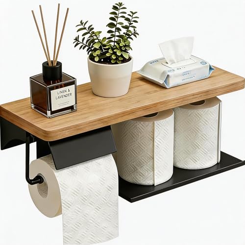 Toilet Paper Holder with Shelf - 2 Tier Wood Toilet Paper Holder Wall Mount for Bathroom, Rustic Natural Wood Double Toilet Paper Holder, Smart Bathroom Organizer with Shelf