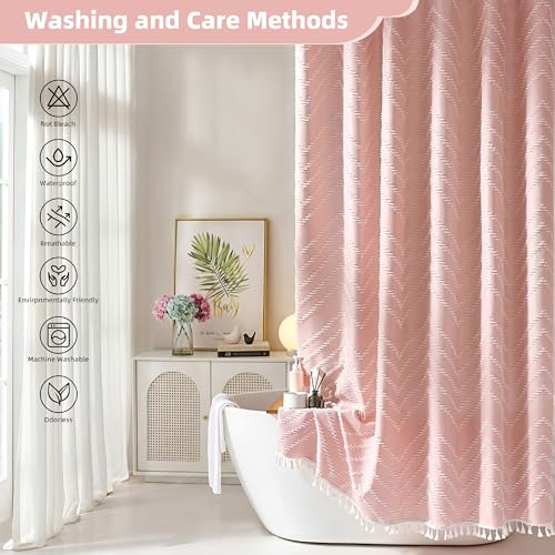 Siiluminisoy Pink Shower Curtain with Tassel Woven Fabric Boho Shower Curtain Cute Farmhouse Textured Tufted Chevron Striped 72 x 72 Bathroom Shower Curtain - color: A Pink, size: 72"W x 72"L (Pack of 1)