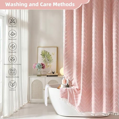 Siiluminisoy Pink Shower Curtain with Tassel Woven Fabric Boho Shower Curtain Cute Farmhouse Textured Tufted Chevron Striped 72 x 72 Bathroom Shower Curtain - color: A Pink, size: 72"W x 72"L (Pack of 1)