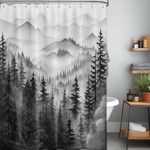 Mountain Shower Curtain Black and White Forest Nature Shower Curtains for Mens Bathroom Charcoal Grey Rustic Woodland Pine Tree Cool Bath Decor Sets, Waterproof Fabric with Hooks, 60x72in - color: Black and White, size: 60"W x 72"L (Pack of 1)