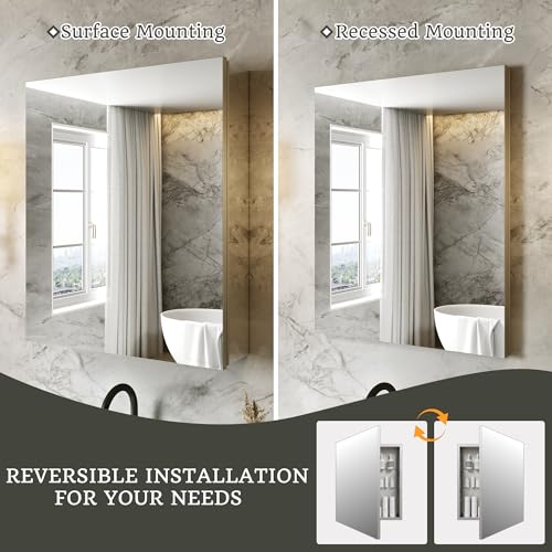 20 x 24 in Medicine Cabinet with Mirror and Side Panels, Silver | Surface or Recessed Medicine Cabinet Mirror with Storage, Adjustable Shelves, Aluminum Alloy Frame, Assembly Required - size: 20''x24''