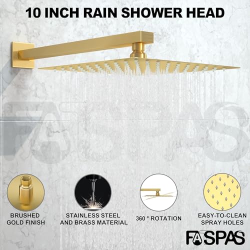 Brushed Gold Shower System with 10-Inch Rain Showerhead and Handheld - color: Brushed Gold, style: 10"-Without Tub Spout