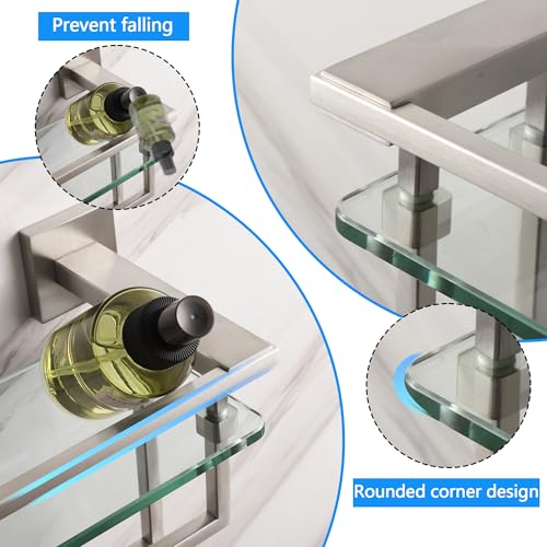 LANC Bathroom Shelves - 20 Inch Floating Tempered Glass Shelf with 2 Towel Rails for Modern Shower Bath Storage - Wall Mounted Stainless Steel Brushed Nickel, A7617BN - color: Brushed Nickel