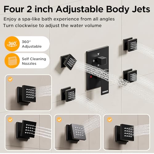 Shower Systems with Body Jets, STARBATH 4 Way 12+6" Rainfall Shower Head with Handheld Spray Combo, Ceiling Mounted Shower Jets System in Wall Shower Faucet Sets Complete, Matte Black - color: Matte Black, size: 6"+12"-01