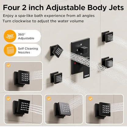Shower Systems with Body Jets, STARBATH 4 Way 12+6" Rainfall Shower Head with Handheld Spray Combo, Ceiling Mounted Shower Jets System in Wall Shower Faucet Sets Complete, Matte Black - color: Matte Black, size: 6"+12"-01
