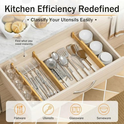 FUSHITON Bamboo Drawer Dividers 17"-22" Adjustable Expandable Drawer Organizers Spring Loaded Drawer Separators for Kitchen Dresser Bathroom Bedroom Office Storage, 4 Pack
