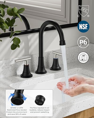 FORIOUS 8Inch Widespread Brushed Nickel and Black Bathroom Faucet 3 Holes | 8 Inch Widespread Bathroom Faucet 3 hole Vanity and 4 Inch Bathroom Faucet Centerset 2 Hole for B2B Commercial, Spare Aerator - color: Black&Stainless Steel, style: Modern