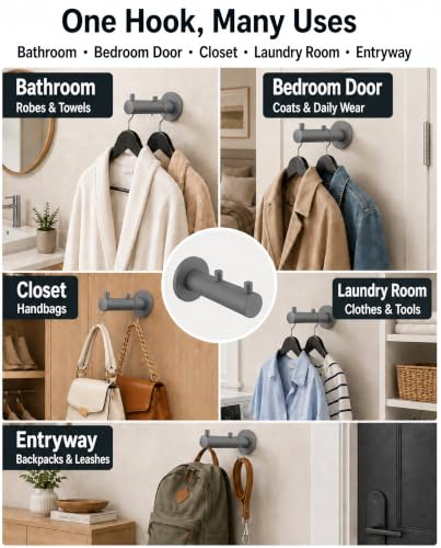 Hooks Heavy Duty Shower Hooks wall Hooks Hooks for Hanging (Cement Gray) | 304 stainless steel double hooks for bathroom, bedroom, closet, laundry, backpacks, bags and pet leashes - color: Cement Gray