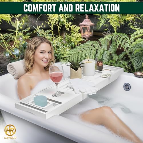 Bamboo Bathtub Caddy Tray Expandable & Foldable Bath Shelf with Book, Tablet & Wine Holder Adjustable Wooden Bath Tray for Relaxing Spa at Home – Fits Most Tub Sizes. - color: White