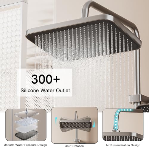 Shower Faucet Sets Complete Thermostatic Shower System Piano-Key Digital Shower Combo Wall Mounted Shower Trim Kit with 11.8" Rain Shower Head,4.5" Shower Head 2 in 1 Handheld Tub Spout (Gray)