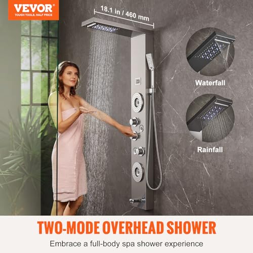 VEVOR Shower Panel Tower System, 6 Shower Modes, LED & Display Shower Panel, Rainfall, Waterfall, 4 Body Massage Jets, Tub Spout, Handheld Shower Head 59" Hose, Stainless Steel Wall-Mounted Shower Set