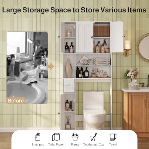 Over The Toilet Storage Cabinet, with Five Doors, White | Over Toilet Bathroom Organizer with Adjustable Shelves, Above Toilet Storage Cabinet for Bathroom, Restroom, Laundry