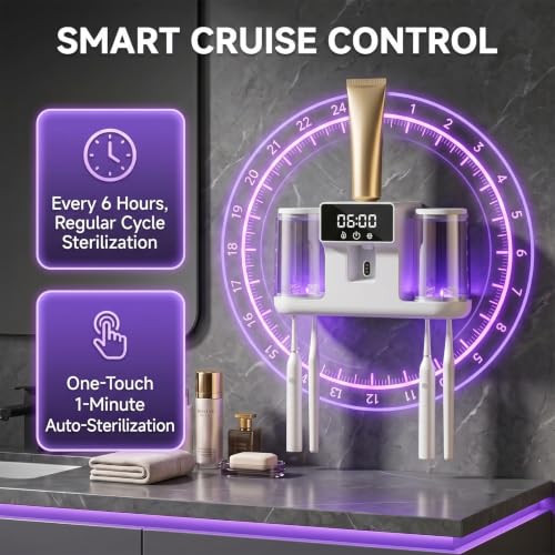 Smart Toothbrush Holder with Automatic Toothpaste Dispenser, Rechargeable Toothbrush Storage Rack with Toothbrush Holder and Mouthwash Cup, Digital Display, Designed for Home Bathrooms (White) - color: White