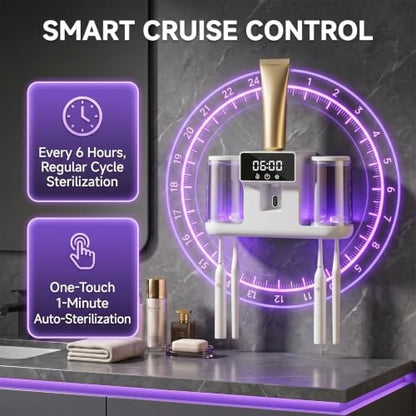 Smart Toothbrush Holder with Automatic Toothpaste Dispenser, Rechargeable Toothbrush Storage Rack with Toothbrush Holder and Mouthwash Cup, Digital Display, Designed for Home Bathrooms (White) - color: White