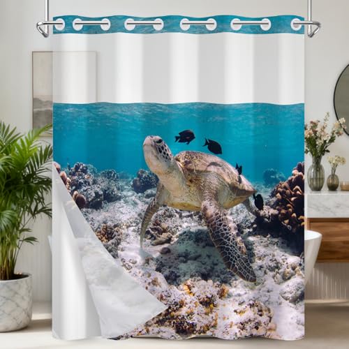 No Hook Shower Curtain and Liner Set, Washable Shower Curtain Liner & Ventilation Window, Water Repellent Bath Curtain Features Realistic-Style Sea Turtle Pattern, Bathroom Essentials, 71x74 Inch - color: Underwater World