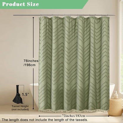 Light Green Fabric Shower Curtain, Boho Shower Curtains for Bathroom Chic Tufted Chevron Striped Textured with Tassel, Soft Hotel Style Farmhouse, Machine Washable, 72x78, Light Green - color: Light Green, size: 72"W x 78"L (Pack of 1)