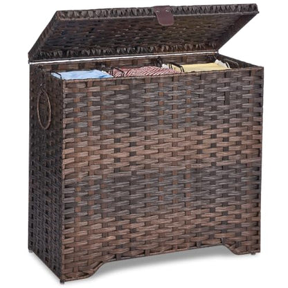 130L Wicker Laundry Hamper with Lid, 3-Section Laundry Basket | 3 Removable Liner Bags; 4 Included Mesh Laundry Bags; Handwoven PP Wicker; Reinforced Steel Frame - color: Brown