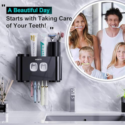 Toothbrush Holder,Multi-Functional Wall Mounted Toothbrush Holder,Toothpaste Dispenser for Bathroom with 2 Toothpaste Squeezers,5 Toothbrush Slots and 4 Cups(Black) - color: Black