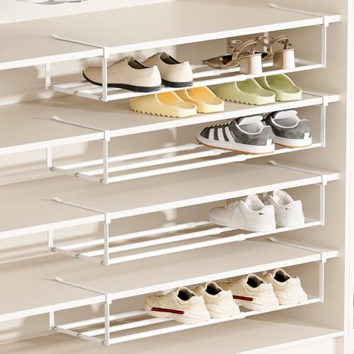 UFORU 4PC Expandable Shoe Rack for Closet,Hanging Shoe Rack Organizer,White | Shoe Shelf Dividers,Adjustable Under Cabinet Shelf,Under Shelf Storage for Kitchen, Book, Clothing Storage and Organization - color: White
