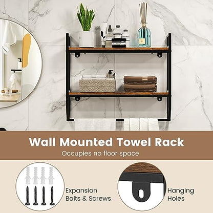 Giantex Wall Mounted Bathroom Shelves with Towel Bar, Industrial 2-Tier Over the Toilet Storage Organizer with Metal Frame, Wooden Wall Shelves, Floating Shelves for Bathroom, Kitchen, Living Room - color: Rustic Brown