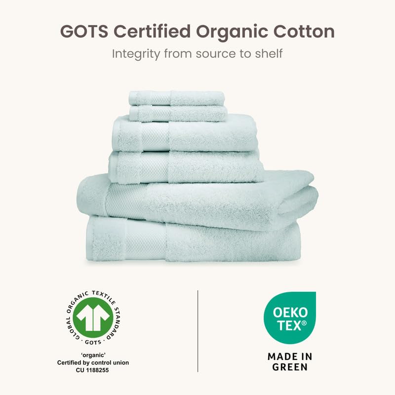 BIOWEAVES 100% Organic Cotton 700 GSM Plush 6-Piece Towel Set GOTS Certified, 2 Bath Towels, 2 Hand Towels & 2 Washcloths - Seafoam - color: Seafoam, size: 6 Pc Towel Set