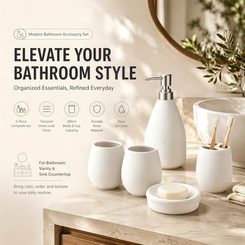 Bathroom Ceramic Accessories Set, 5 Piece Bathroom Set with Including Soap Dispenser, Mouthwash Cup, Soap Dish, Toothbrush Holder (White) - color: White