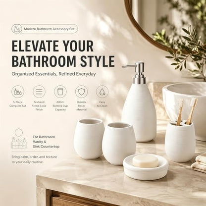 Bathroom Ceramic Accessories Set, 5 Piece Bathroom Set with Including Soap Dispenser, Mouthwash Cup, Soap Dish, Toothbrush Holder (White) - color: White